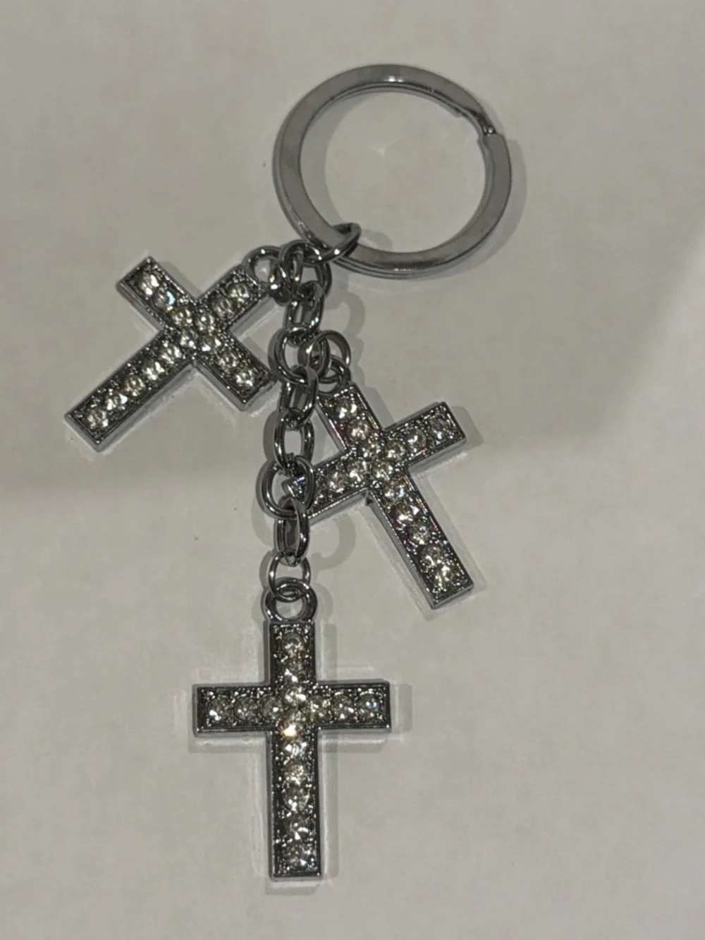 Rhinestone Cross Charm Keyring - Silver